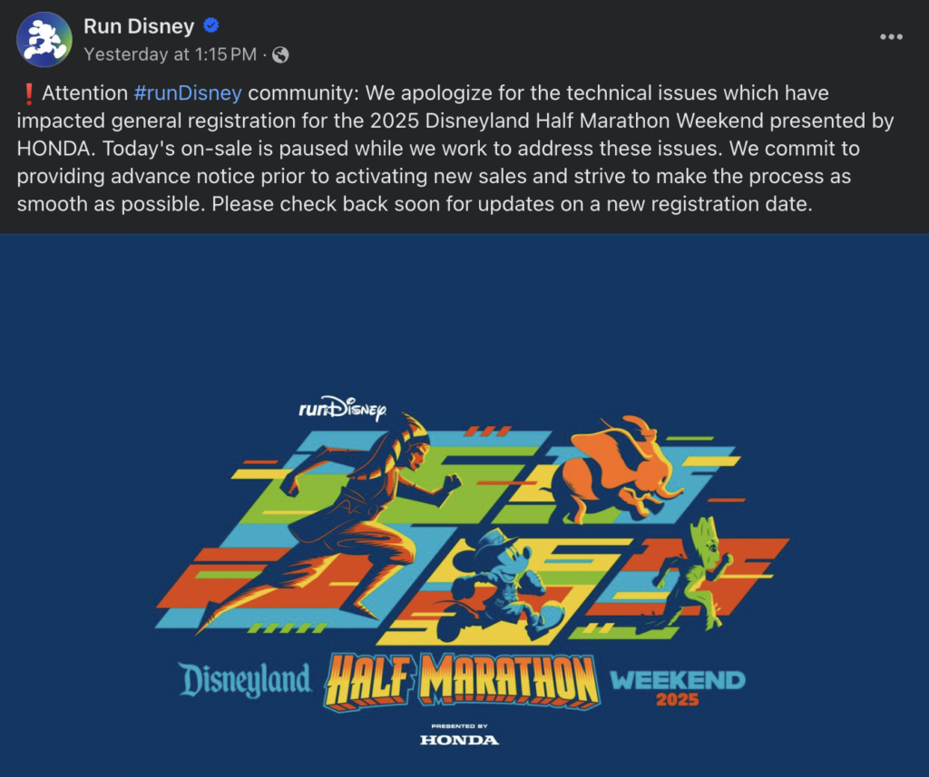 runDisney race registration is postponed for the Disneyland Half Marathon